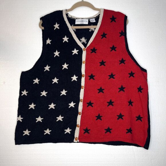 Marisa Christina Vintage Red White Blue Linen Blend Stars Knit Sweater Vest 2X - Picture 1 of 5
